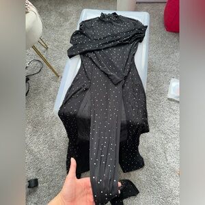 Black mesh body tight front slits dress with bedazzle